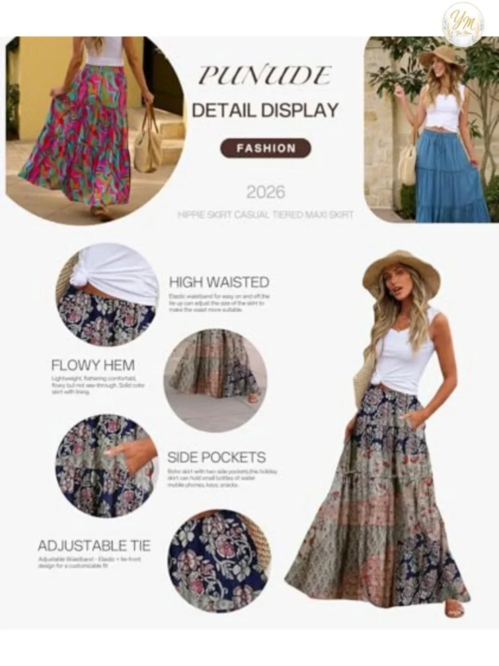 Women's High Waist Flowy A-Line Maxi Skirt with Pockets Boho Summer